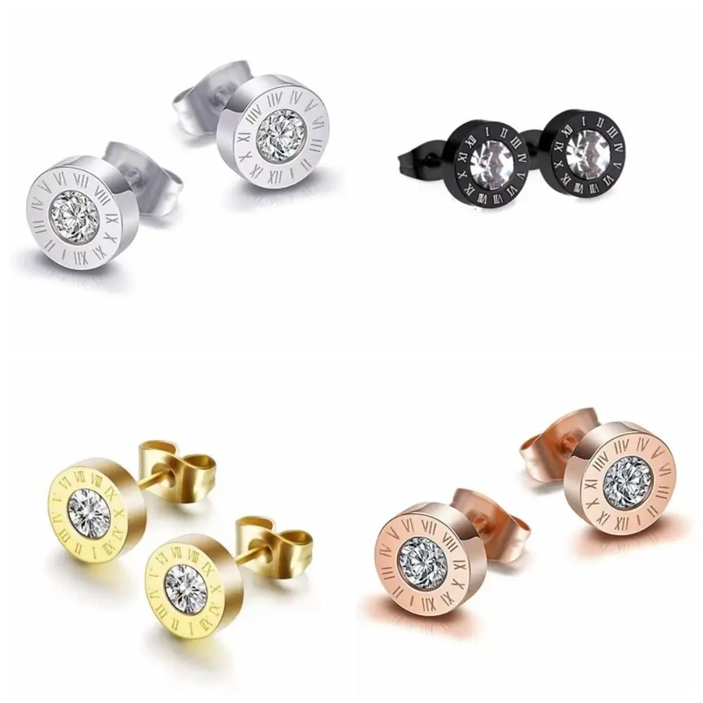 Micro Inlay Rhinestone Roman Numerals Stud Earring Earrings Hip Hop Men Zircon Earrings Stainless Steel Luxury Sense