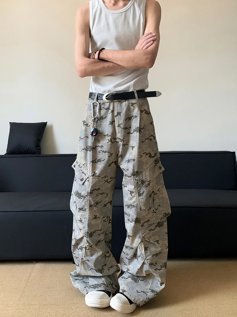 

Американские камуфляжные джинсы большого цвета, мужские модные свободные прямые брюки, рабочая одежда, длинные брюки, крутые плиссированные брюки-ножи
