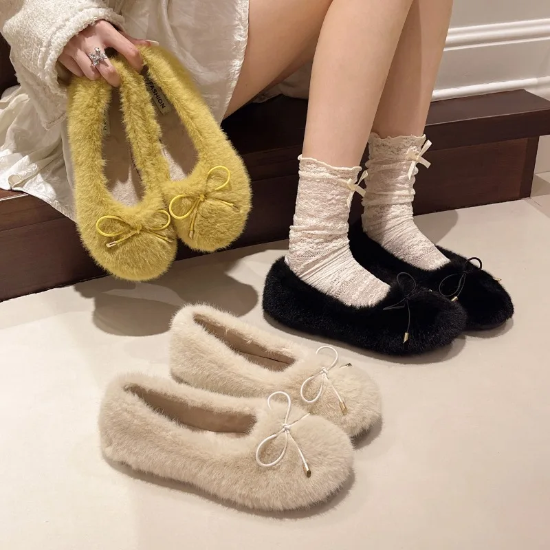 bottines pour femme 2026 Winter Keep warm boots Woman Flats Casual Cotton shoes Female Loafers Fur Round Toe Shallow Mouth Boat
