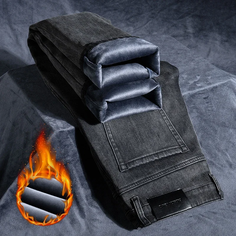 

Зимние мужские флисовые джинсы 2025 года, утепленные бархатные удобные свободные прямые джинсовые брюки, классические черные, серые брендовые брюки