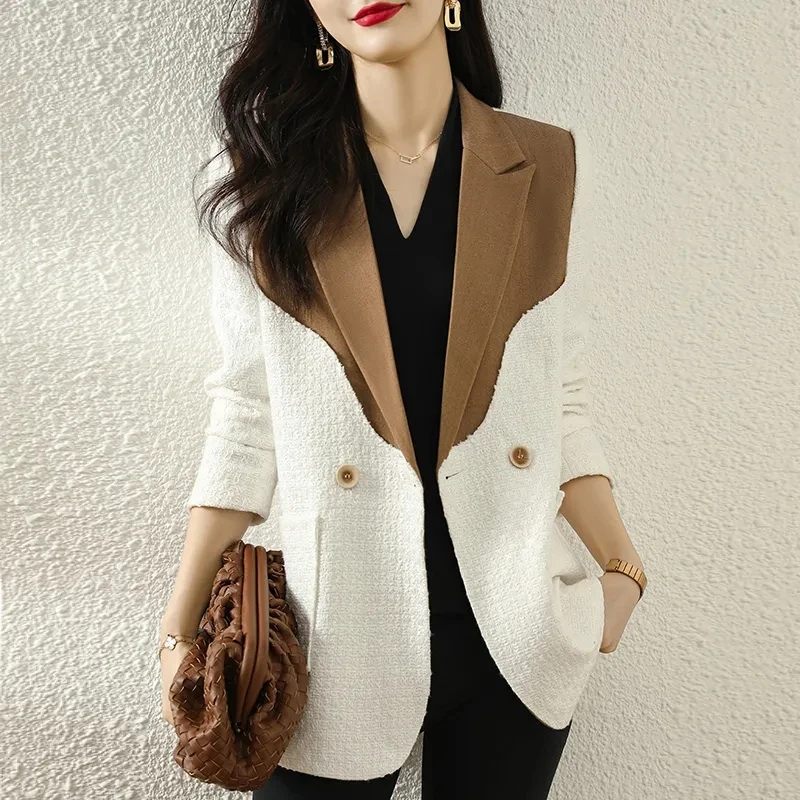 

Women Spliced Suit Jacket Long Sleeve Clothing Top Korean Fashion Office Lady Coat High Quality Grace 2024 Spring Autumn Blazers