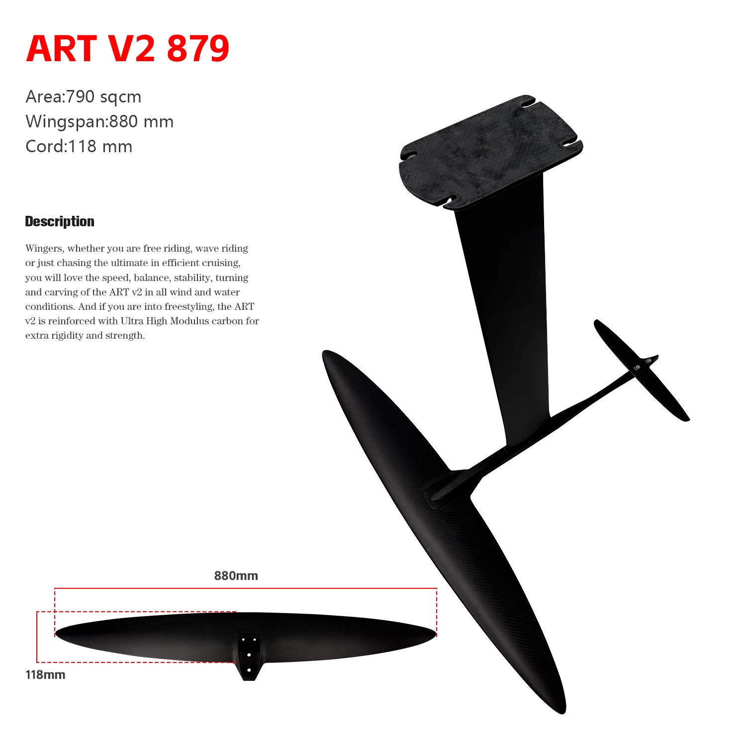 ART Series V2 879 Premium Carbon Fiber Hydrofoil 790sqcm Small Front Wing for Racing and Hydrofoil Surfing