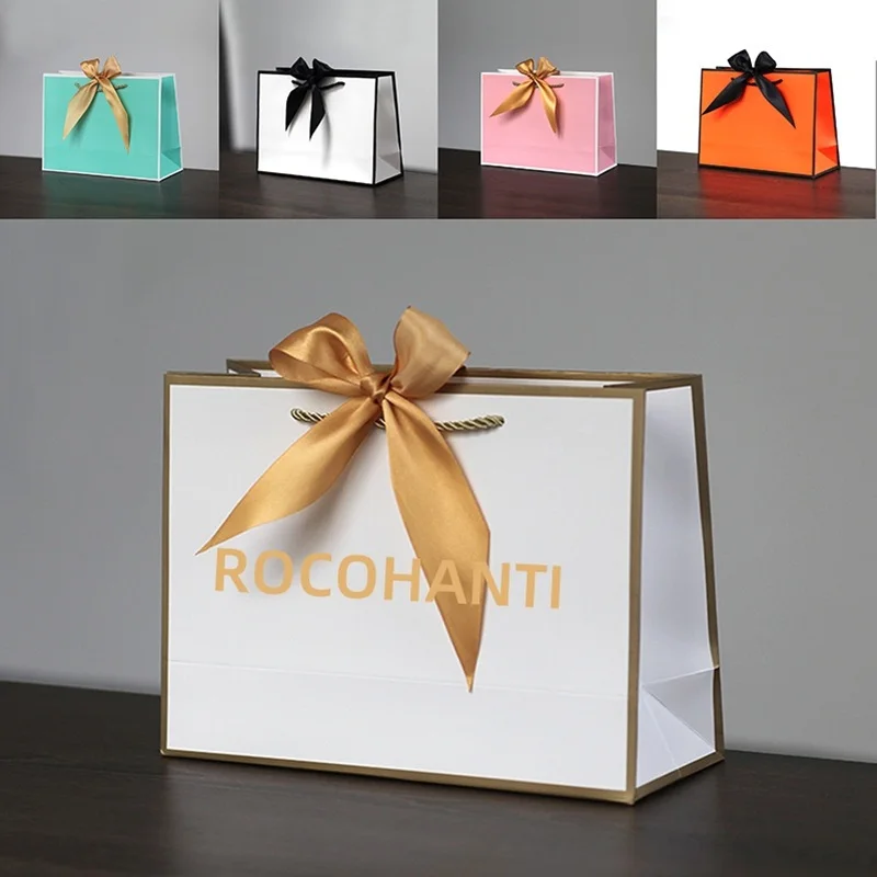 50X Custom Personalised White Pink Retail Paper Bags Cardboard Packaging Shopping Birthday Gift Bag with logo Print for Boutique