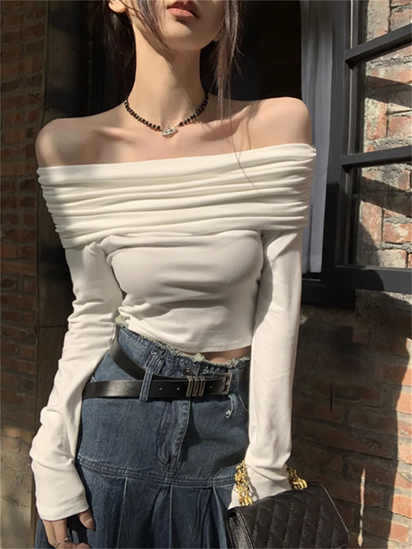 PLAMTEE Gentle Lady Tees Women Slash Neck Sexy Spring 2024 Daily Slim Solid New Full Sleeve Off Shoulders Casual Chic T-Shirt