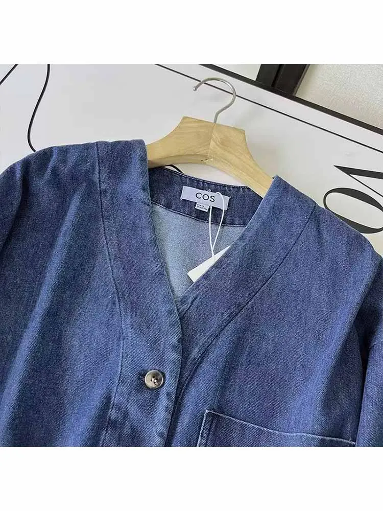 Women New Fashion Pocket Decoration V Neck Button-up Denim Jacket Coat Long Sleeve Female Outerwear Chic Overshirt Versatile