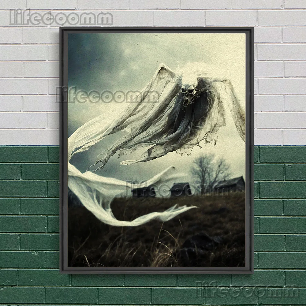 White Ghost Wandering In The Wilderness,Vintage Wall Art Canvas Painting,Dark Witchcraft Aesthetics Art Poster Print Home Decor