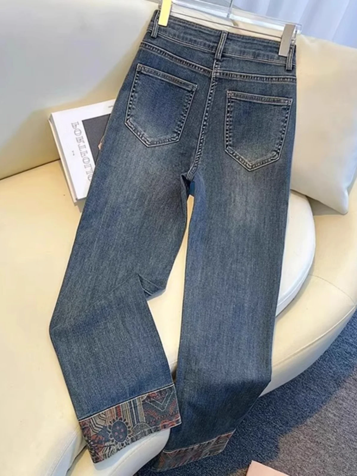 レディース スリムフィット ハイウエスト ストレートレッグ ジーンズ ハイストレッチ ナロー丈 春秋 ディープブルー ハイウエスト ジーンズ