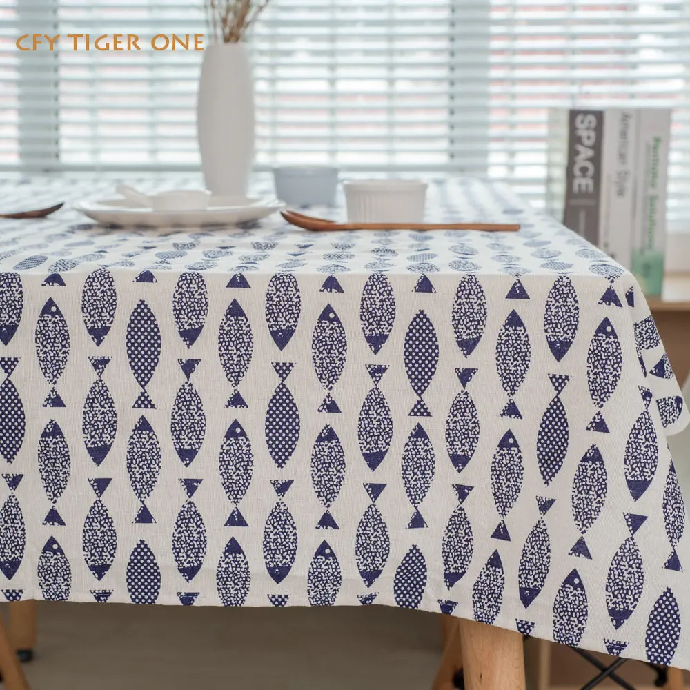 Japanese Cotton Linen Blue Fish Tablecloth for Table Decorate Rectangular Tablecloth  Dining Table Cover Tea Cloth