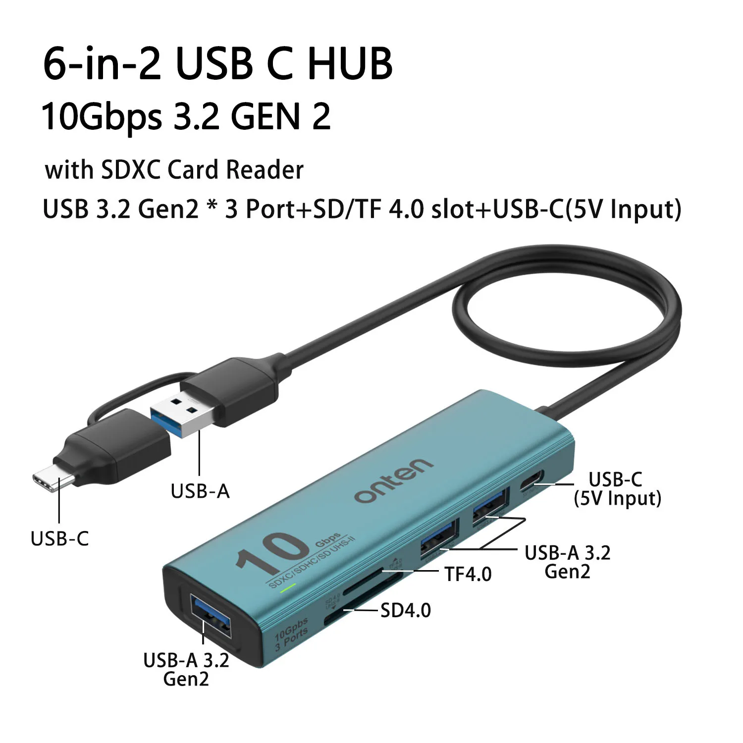 HUB USB C 10Gbps USB 3.2 GEN 2 Type C pour Windows MacOS Linux avec lecteur de carte SD/TF 4.0 UHS-II USB 3.2 adaptateur de port HUB