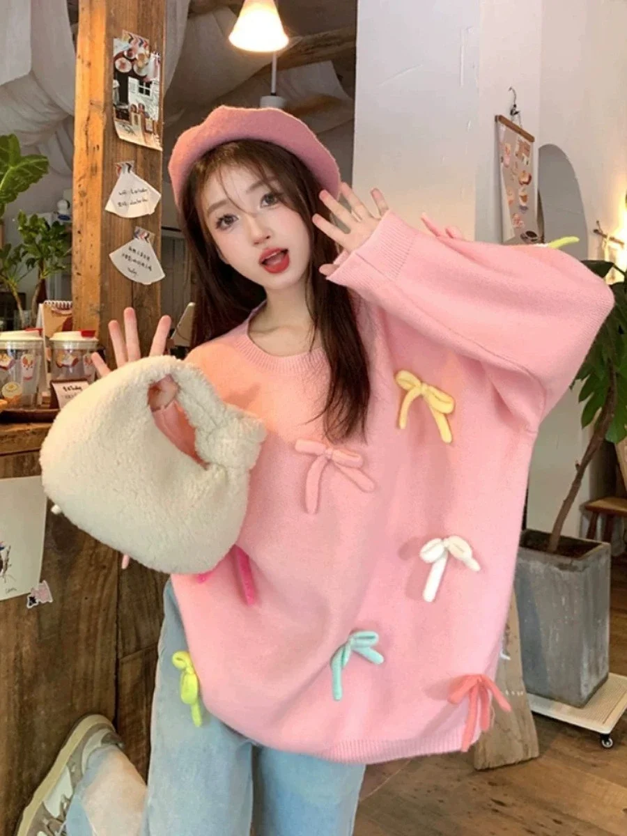 2023 Ropa Mujer Sweet Pullovers Women O-neck Long Sleeve Bow Jumper Pull Femme Fall Winter Clothing Knitted Oversized Sweater