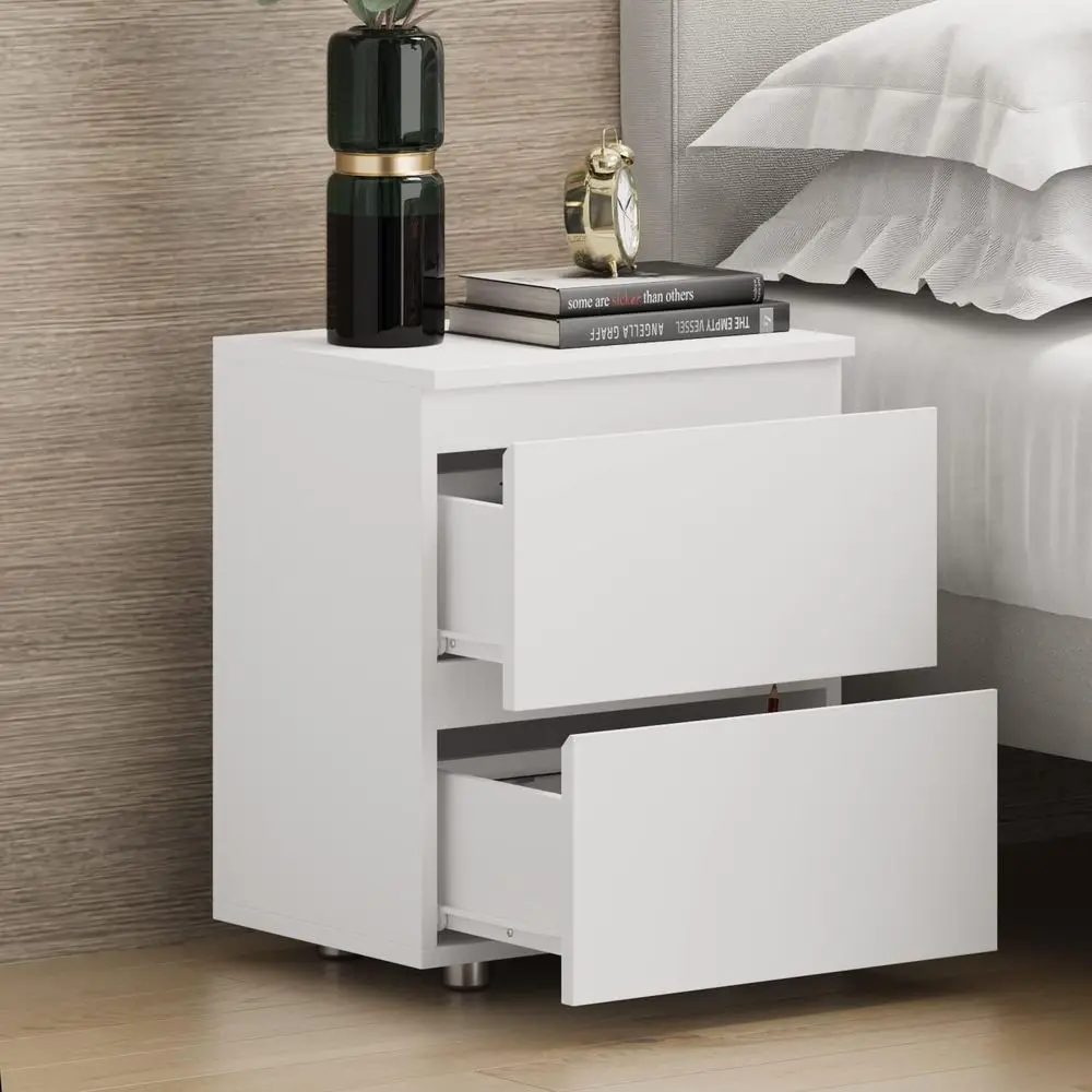 Modern White Wooden Nightstand with 2 Drawers, 15.7W x 18.9H, Handleless Bedside Storage