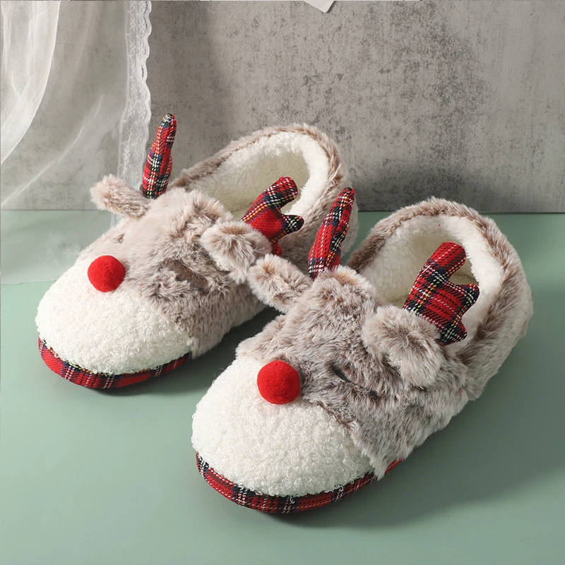 Red Grey Christmas Reindeer Loafers Woman Winter Indoor Plush Short Boots Lady Warm Fluffy Fur Bedroom Mule Shoes For Gift