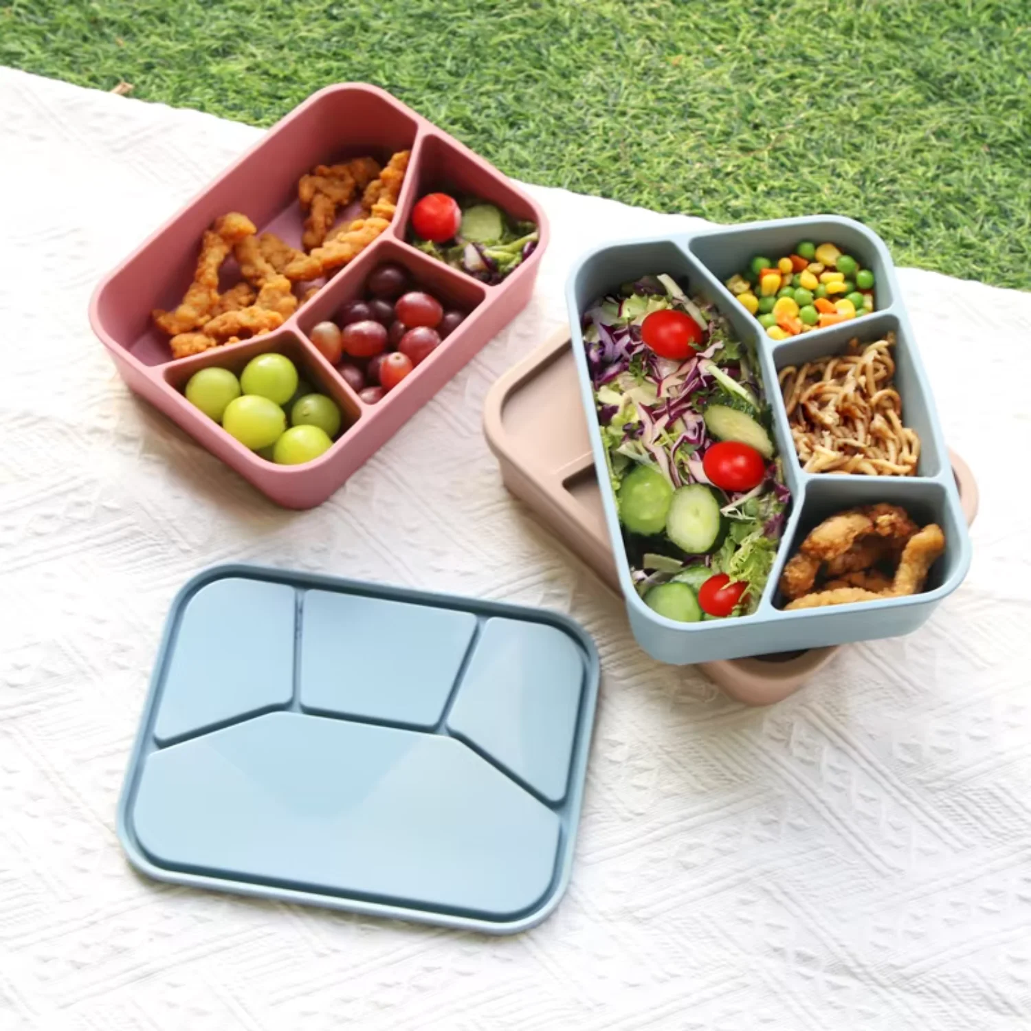 Microwave Safe Portable Leak Proof School Lunch Boxes Kids Reusable Silicone 4 Compartment Bento Lunch