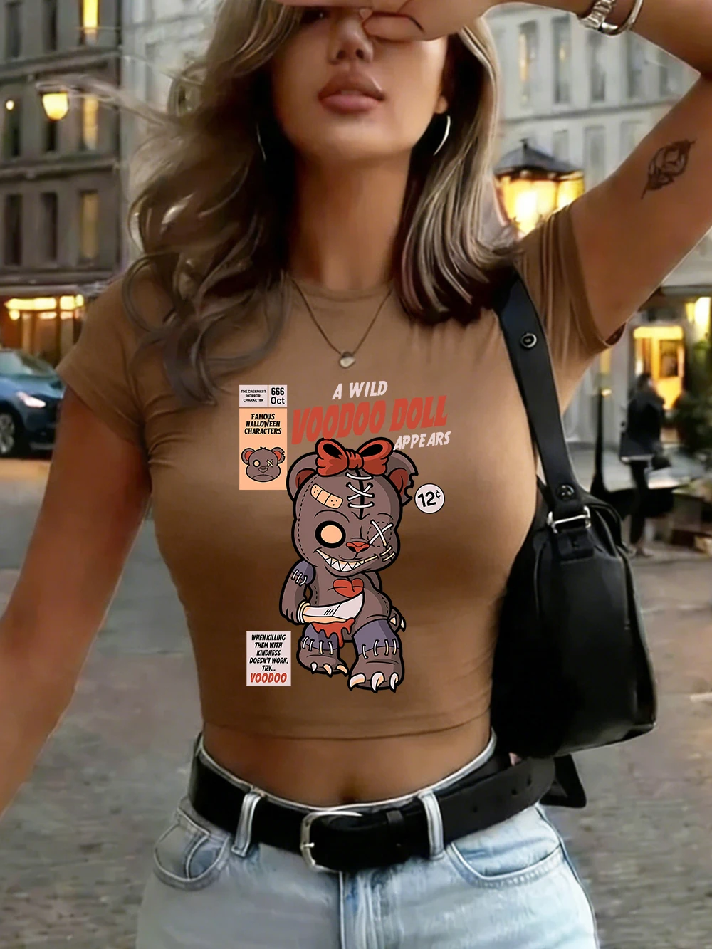 Funny Toy Bow Bear Cartoon Prints Womens Crop Tops Summer O-Neck Slim Tees High Elastic Short Sleeve T Sirt Basic Soft Clotes