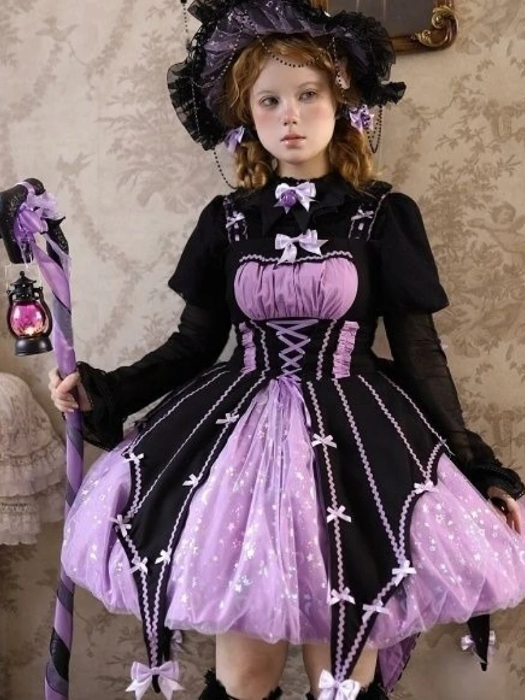

Lolita Princess Dresses Bow Irregular Bandage Pleated Puff Sleeve Print Dress Punk Gothic Y2k Female Slim 2025 Women's Clothing