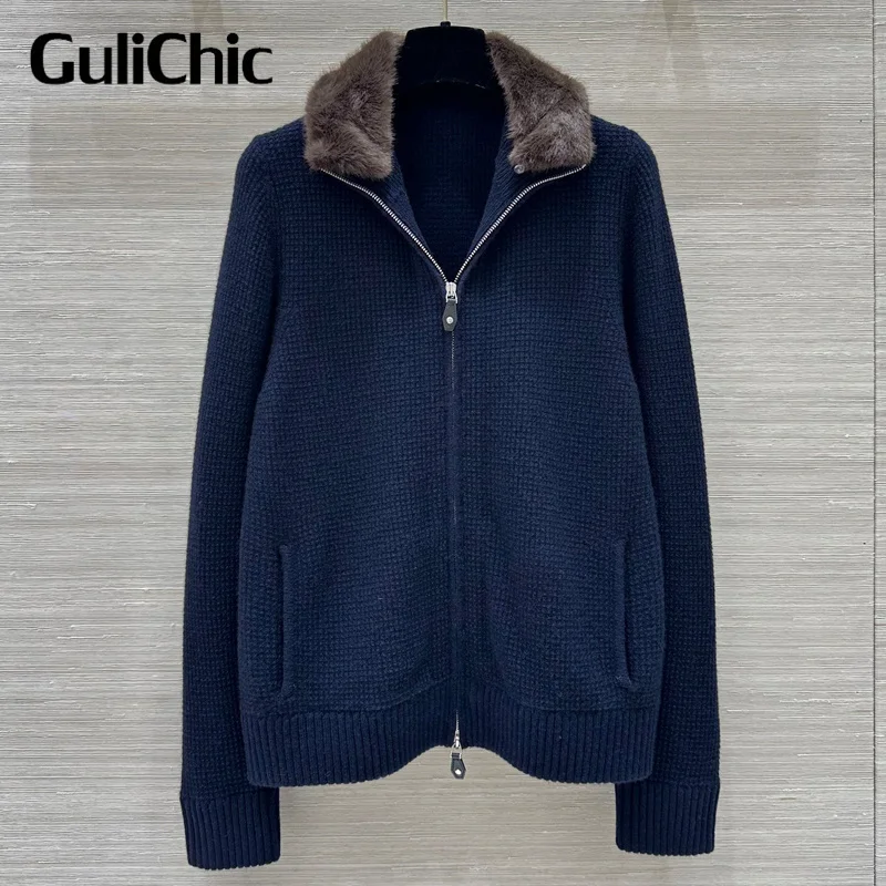 11.13 GuliChic Women 2024 New High Quality Cashmere Knitwear Detachable Fur Collar Design Zipper Elegant Temperament Cardigan