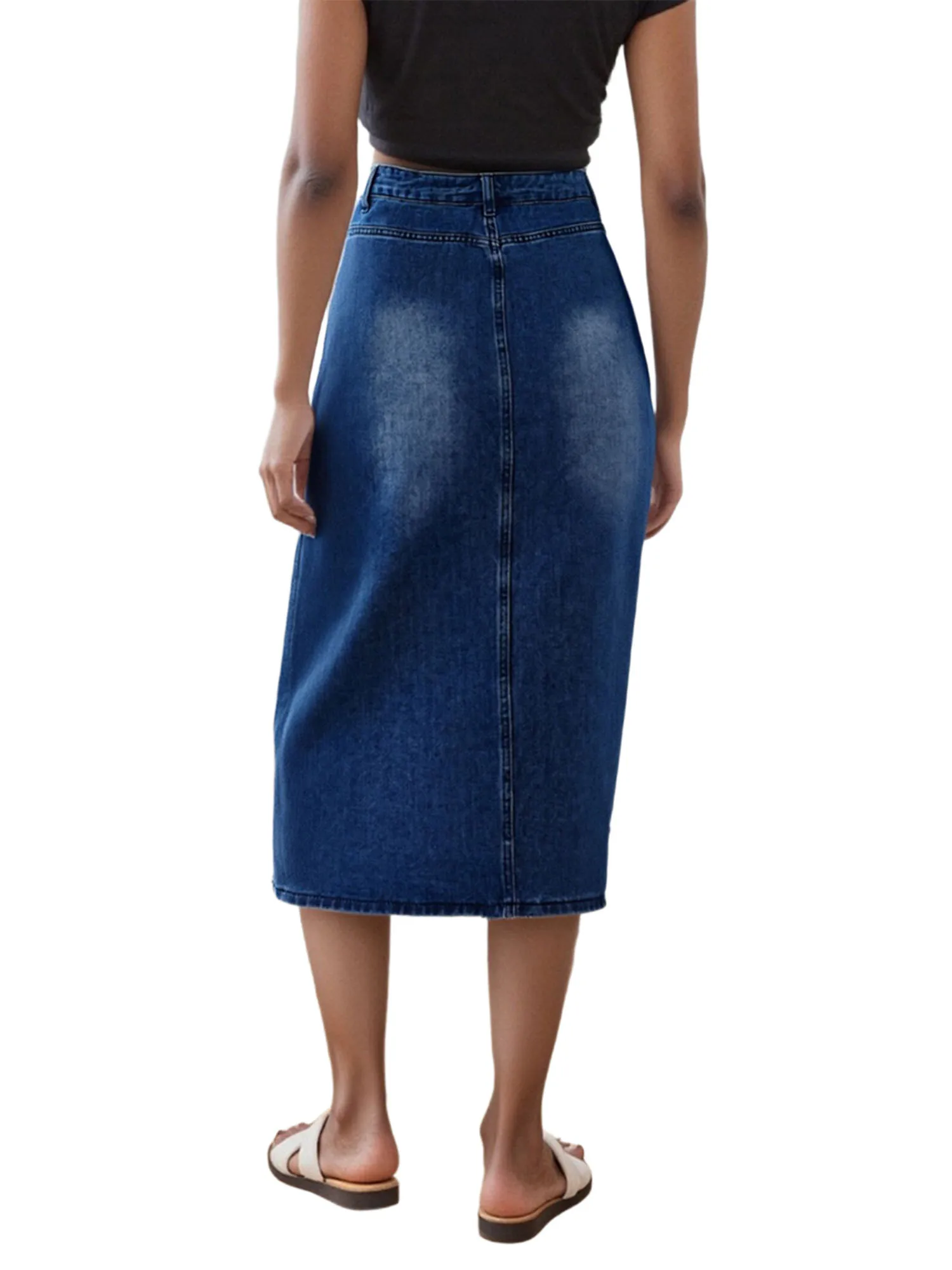 Rok Denim A-Line Vintage Wanita dengan Kancing Depan dan Loop Sabuk - Rok Midi Pinggang Tinggi yang Stylish untuk Pakaian Kasual