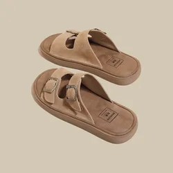 Leather thick soled women summer wear half slippers 2024 new beach shoes fishing slippers