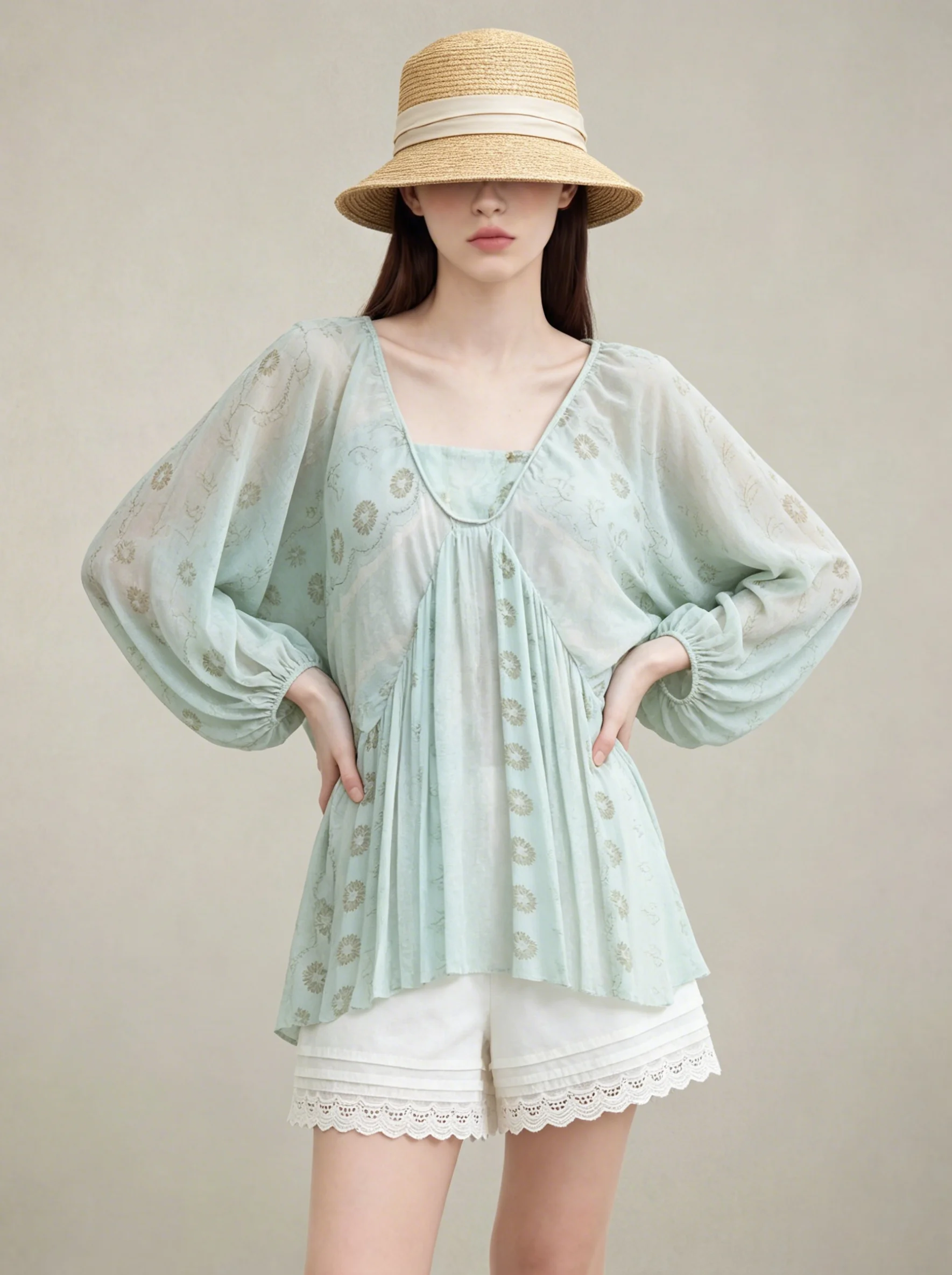 

Elegant Green Floral Print Long Sleeve Shirt for Important Occasions Beautiful Commute Outfit Casual Loose Style Polyester Blend