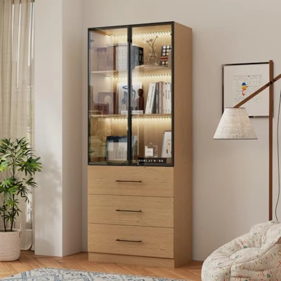 78.7" H Tall Bookcase Display Cabinet with LED Light, Natural