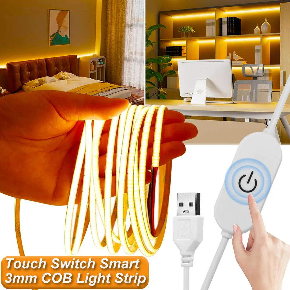 USB 5V LED Strip Light COB Touch Dimmer Control Lamp High Density RA90 Flexible Tape Lights 320Leds/m For Home Cabinet Decor