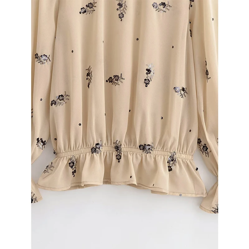 YENKYE Sexy Semi-Sheer Floral Sequin Blouse Women Stand Collar Long Sleeve 2026 Spring Tops  Streetwear