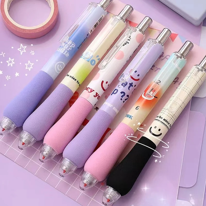 

6Pcs/Box Kawaii Retractable Gel Pens with Sponge Grip Cute Smiley Face 0.5mm ST Tip Quick-Dry Black Ink for Studens Writing