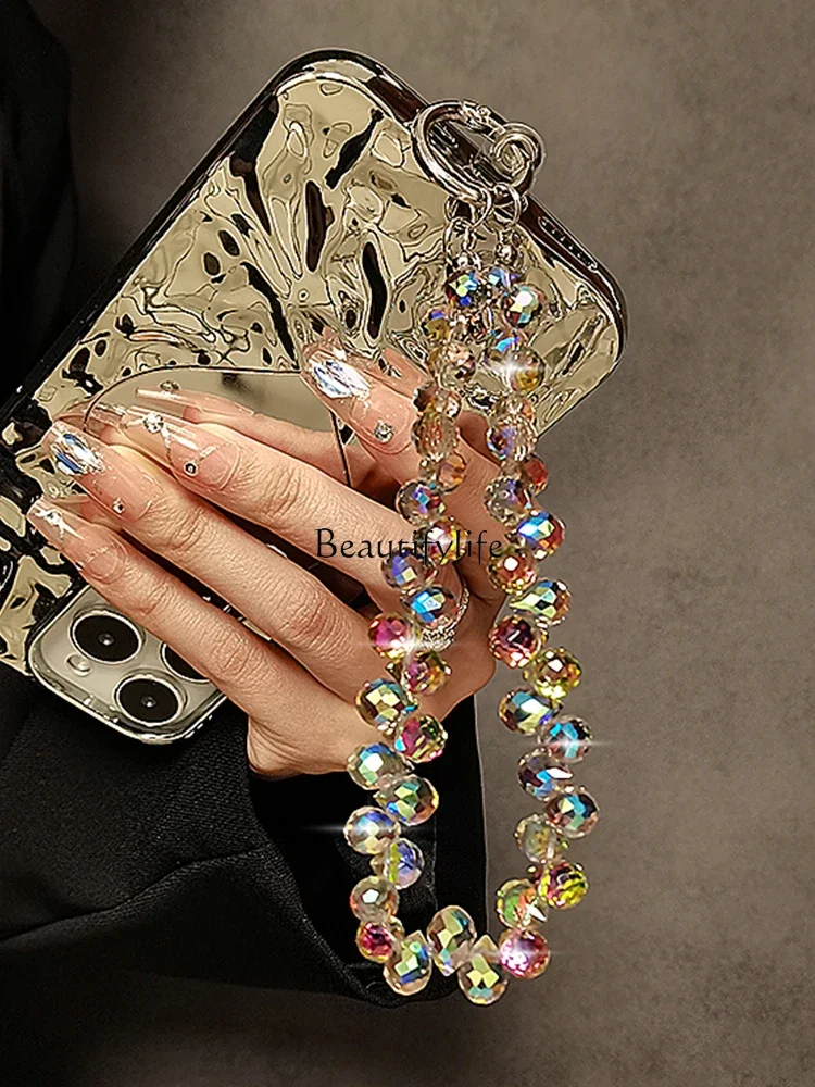 Short Lanyard Strap Clip Phone Case, High Sense, Crystal Beads, Hand Chain, Luxury