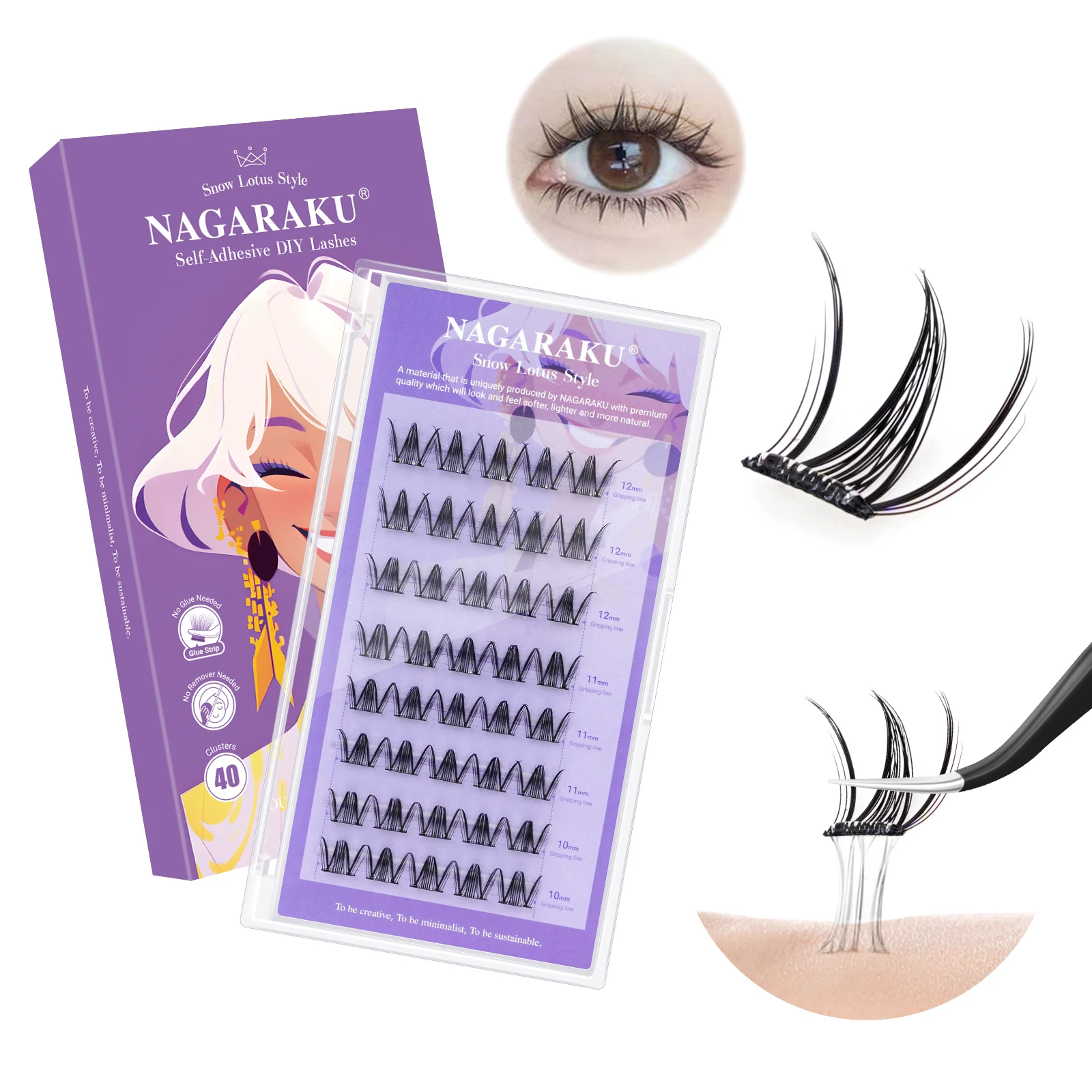 NAGARAKU SA013 NO Glue Needed Cluster Lashes 0.07C Curl 10-12mm DIY Lash At Home Extension  Self Adhesive Eyelashes Volume Style