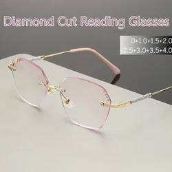 New Style Diamond Cut Reading Glasses Luxury Design Women's Square Far Sight Eyewear Anti-blue Light Rimless Presbyopia To +4.0