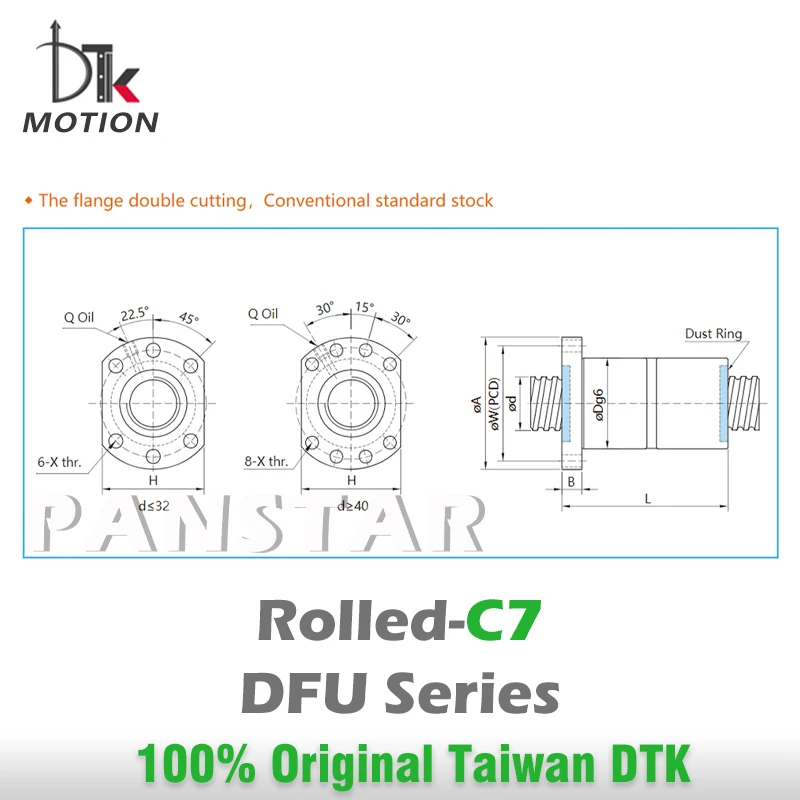 DTK DFU3205 Double Nut Rolled C7 800mm R32 Lead 5mm Ball Screw Thread Shaft High Precision Flange CNC Replace TBI Made in Taiwan