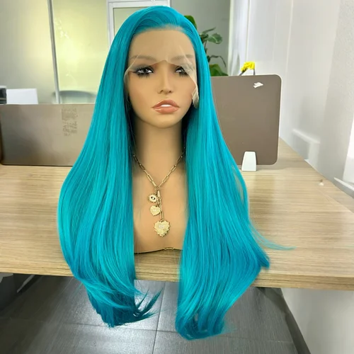 Imagen 2 del producto Pelucas delanteras de encaje sintético azul ondulado largo para mujer, parte libre, color verde azulado, onda recta Natural, 13x4, fiesta de Cosplay diaria