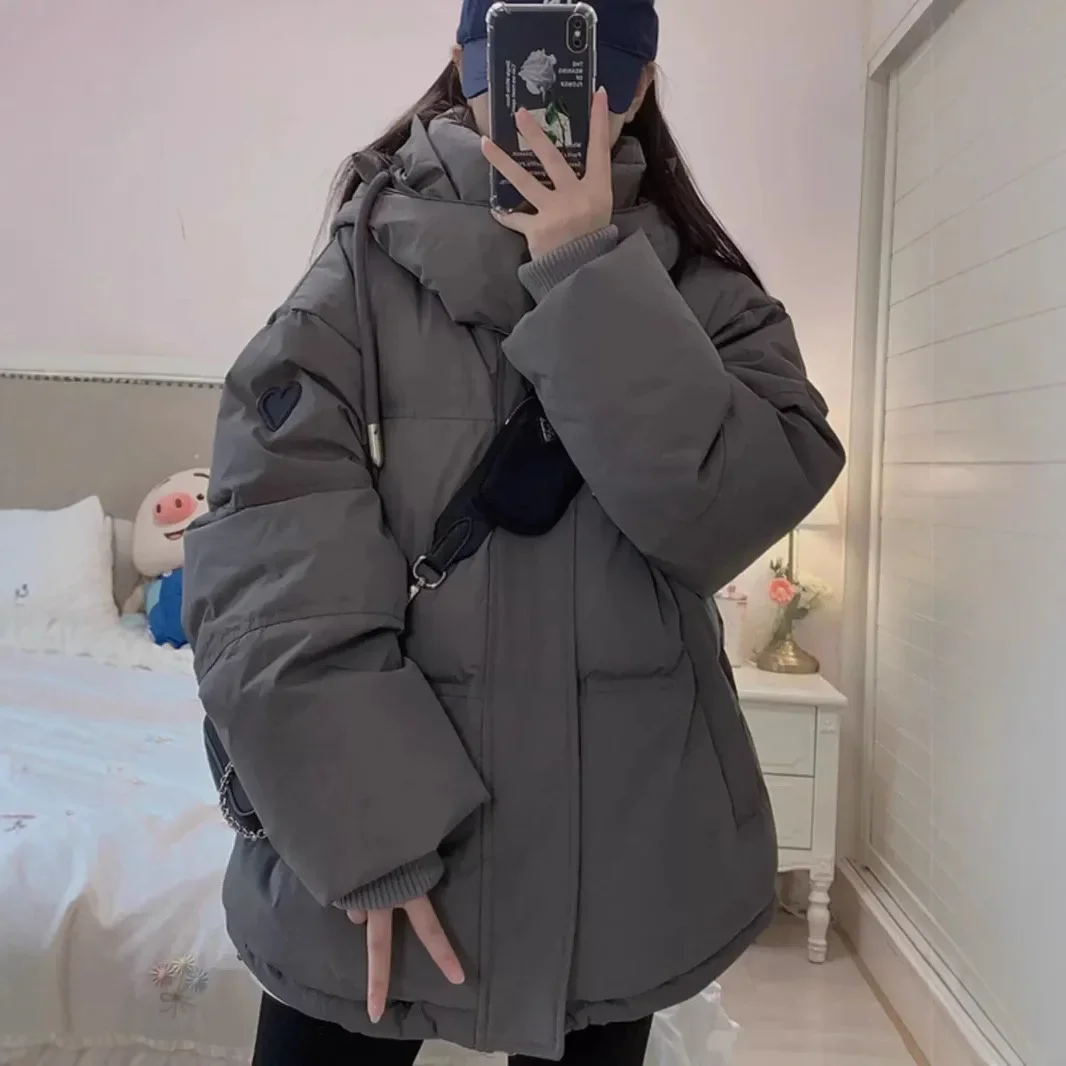 

Gray Hooded Thickened Cotton Jacket Women's Winter New Style Korean Retro Loose Versatile Trendy Cotton Coat Long Sleeve