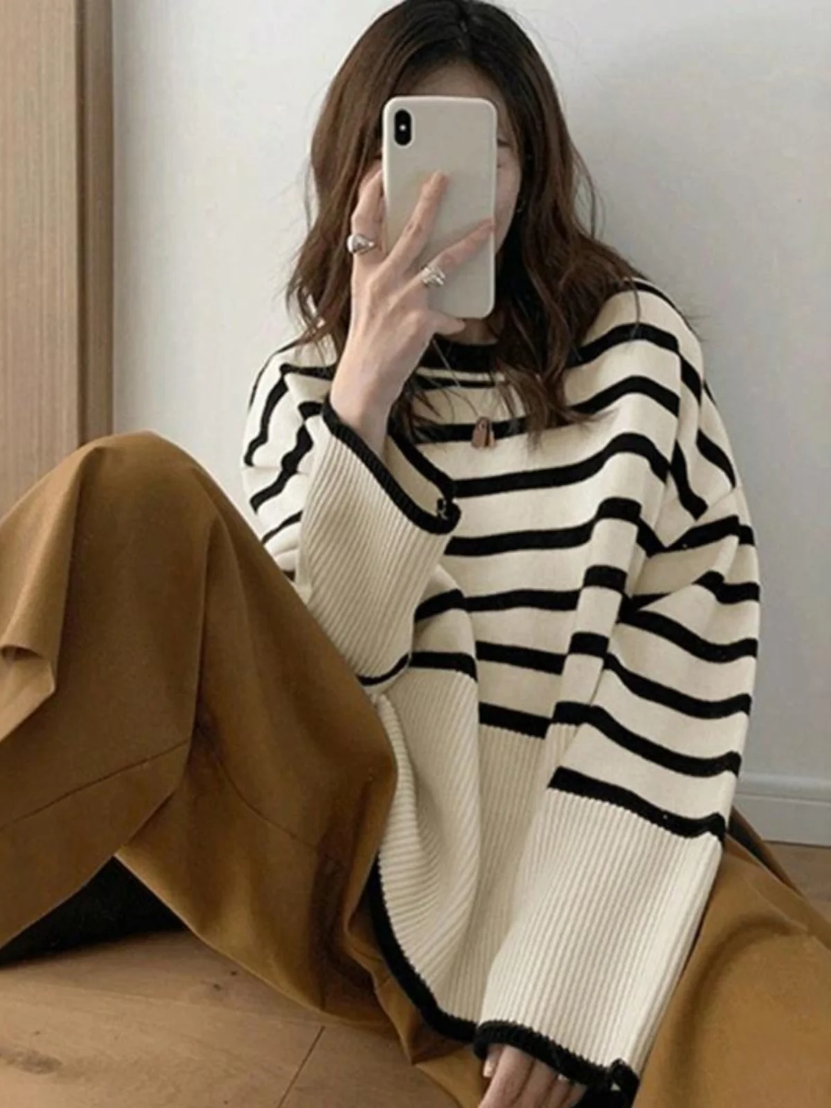 

Корейский шикарный полосатый длинный свитер свека, женский модный возрастной универсальный трикотажный топ на осень Lazy Sle