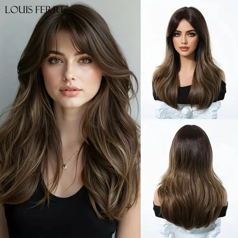

LOUIS FERRE Synthetic Brown Wigs For Women Daily Party Use Long Wavy Fake Hair With Bangs Heat Resistant Fiber Natural Looking