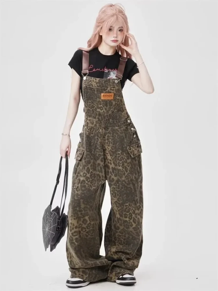 Jumpsuits Women Leopard Design Washed Baggy Chic Wide Leg Multi-pockets All-match Streetwear Casual Daily Vintage Summer Clothes