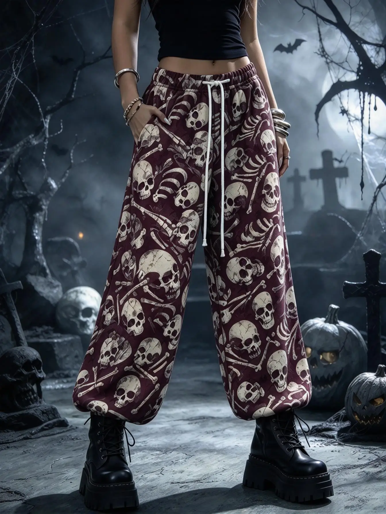 Women Low Waist Wide Leg Pants Vintage Skull Bone Full Print Drawstring Elastic Halloween Sweat Trousers