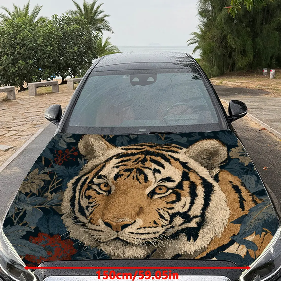Car Decals Tiger with Distinct Stripes, a Calm Expression, and a Floral - Themed Backdrop Car Hood Sticker, Waterproof Self - Ad