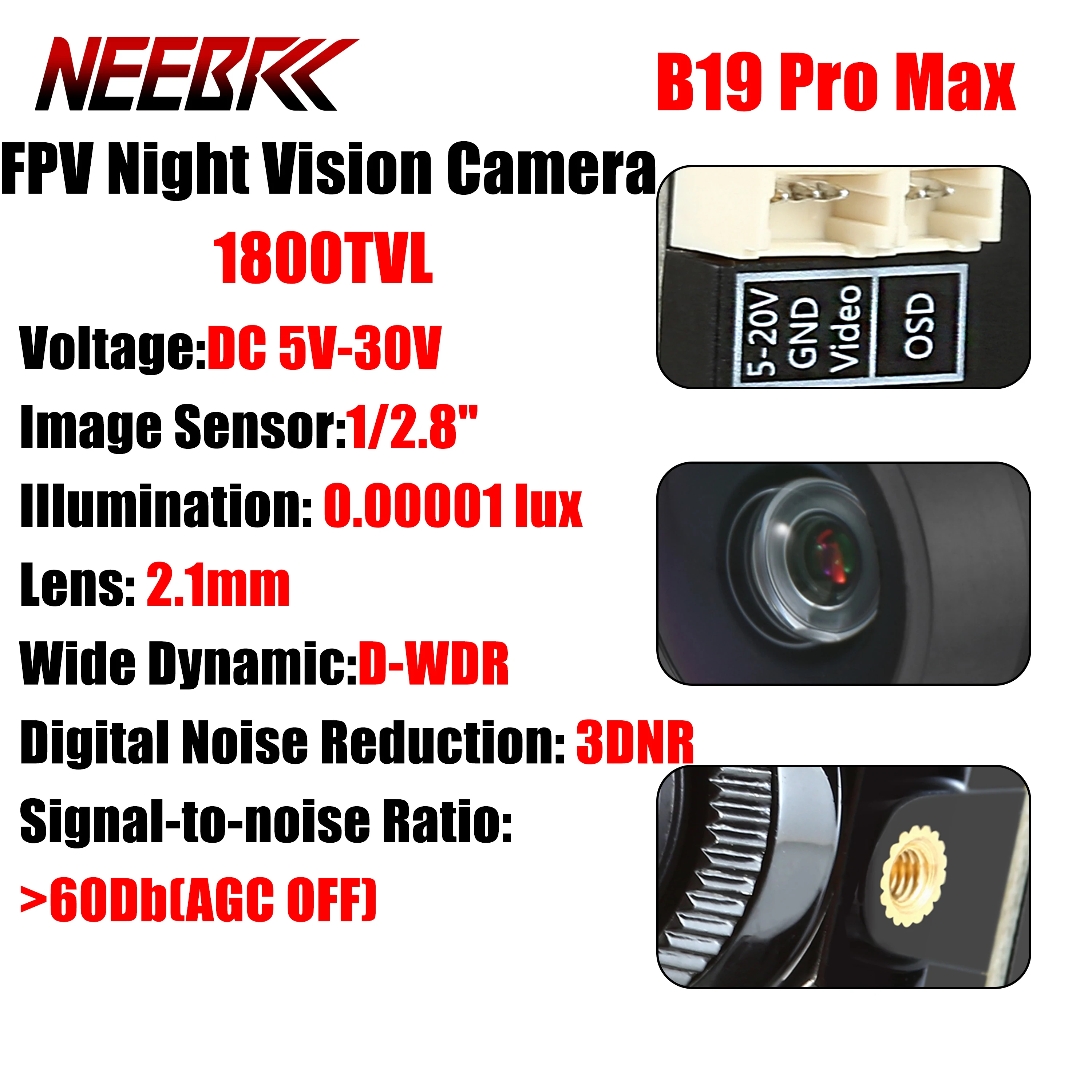 NEEBRC B19 Pro Max FPV Night Vision Camera 1800TVL WDR 4:3/16:9 0.00001Lux Sensor 5-30V for RC Racing Drone Quadcopter DIY Part