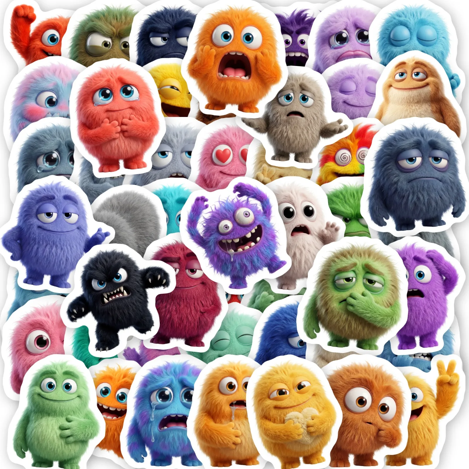50Pcs Fun Fuzzy Style Monster Decorative Stickers, Cute Mood Expression Stickers for Journal, Scrapbook, Water Bottle, Luggage,