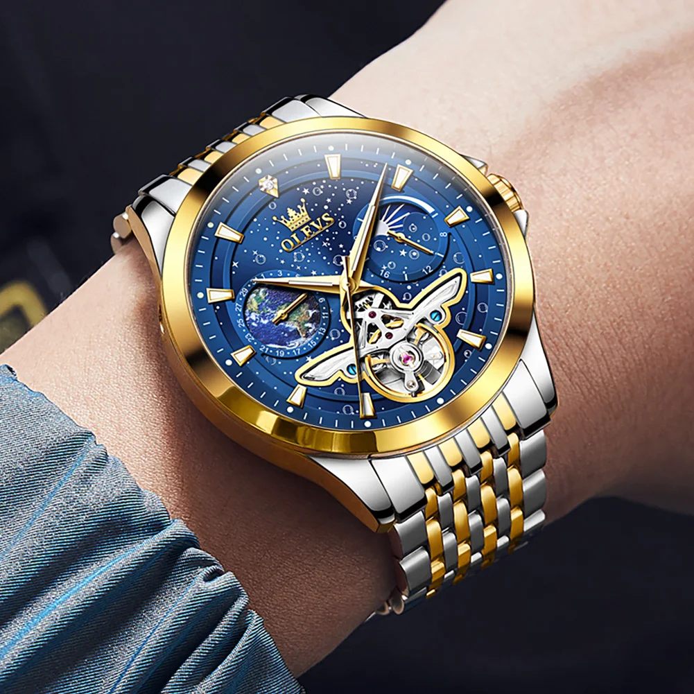 OLEVS Original Brand Automatic Men\'s Watches Luxury Skeleton Starry Waterproof Stainless Steel Mechanical Wristwatch for Man+Box