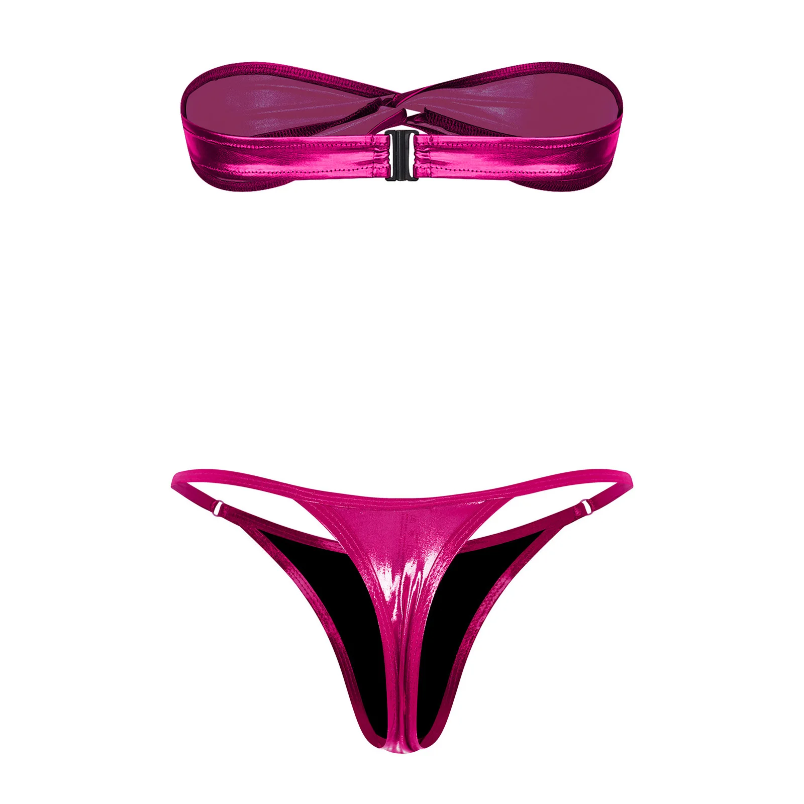Fashion Women Metallic Shiny Bikini Outfit Strapless Front Twisted Knot Back Buckle Bra Top And T-back Briefs Swimwear Beachwear