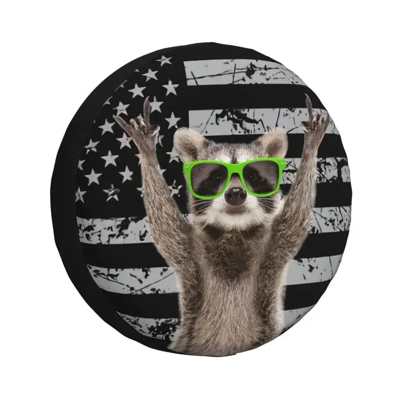 

Funny Raccoon Green Sunglasses Tire Cover 4WD RV Animals American Flag Spare Wheel Protector for Pajero 14" 15" 16" 17" Inch