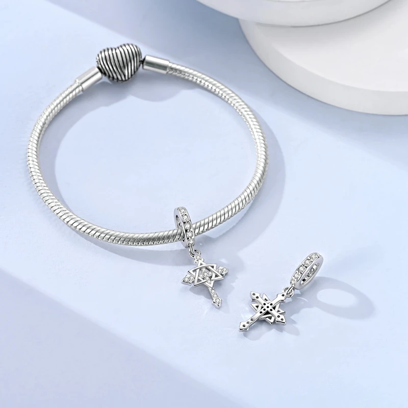 New 925 Sterling Silver Six‑Point Decor Cross Charm Pendant Fit Original Bracelet DIY Women Fine Birthday Party Jewelry Gifts