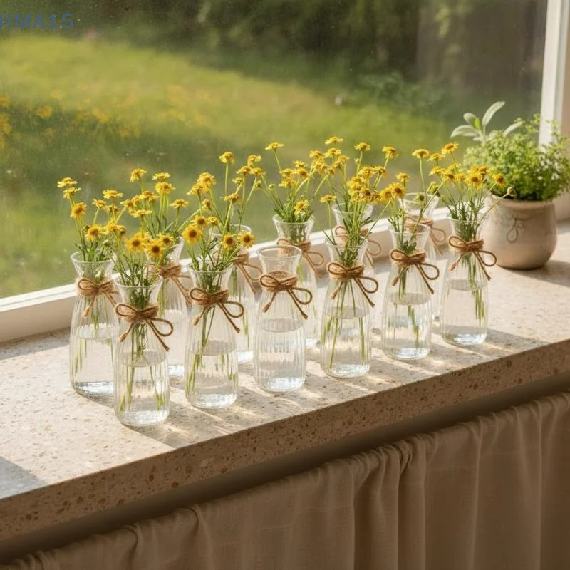 【YA】Clear Ribbed Plastic Vase With Jute Rope Shatterproof Vintage Decor Accent