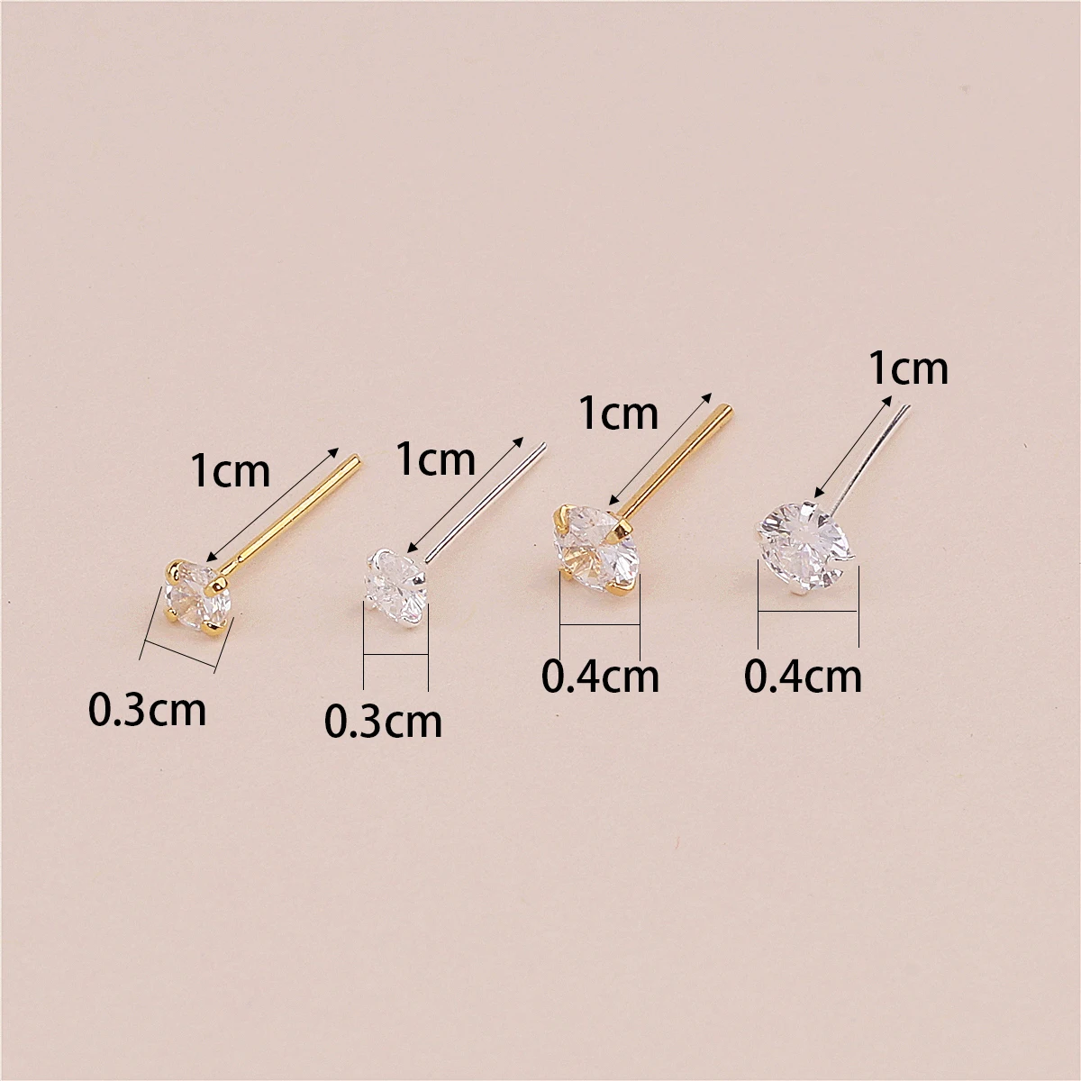 20 Pcs Straight Pin Nose Studs With 1.5mm 2MM 3MM 4MM CZ Crystal Nose Rings Piercing Body Jewelry Nose Bone Ball Pin