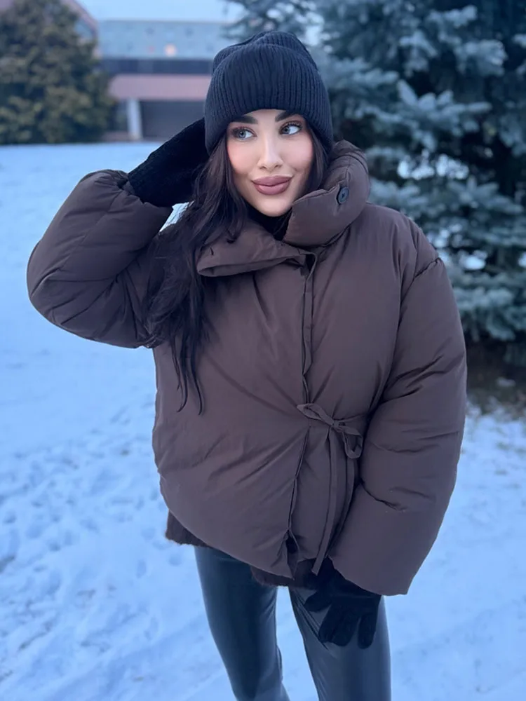 

HH Woman Casual High Collar Long Sleeve Slim Street Coat Women Winter Cotton Clothes Fashion Single-Breasted Lace-Up Brown Short