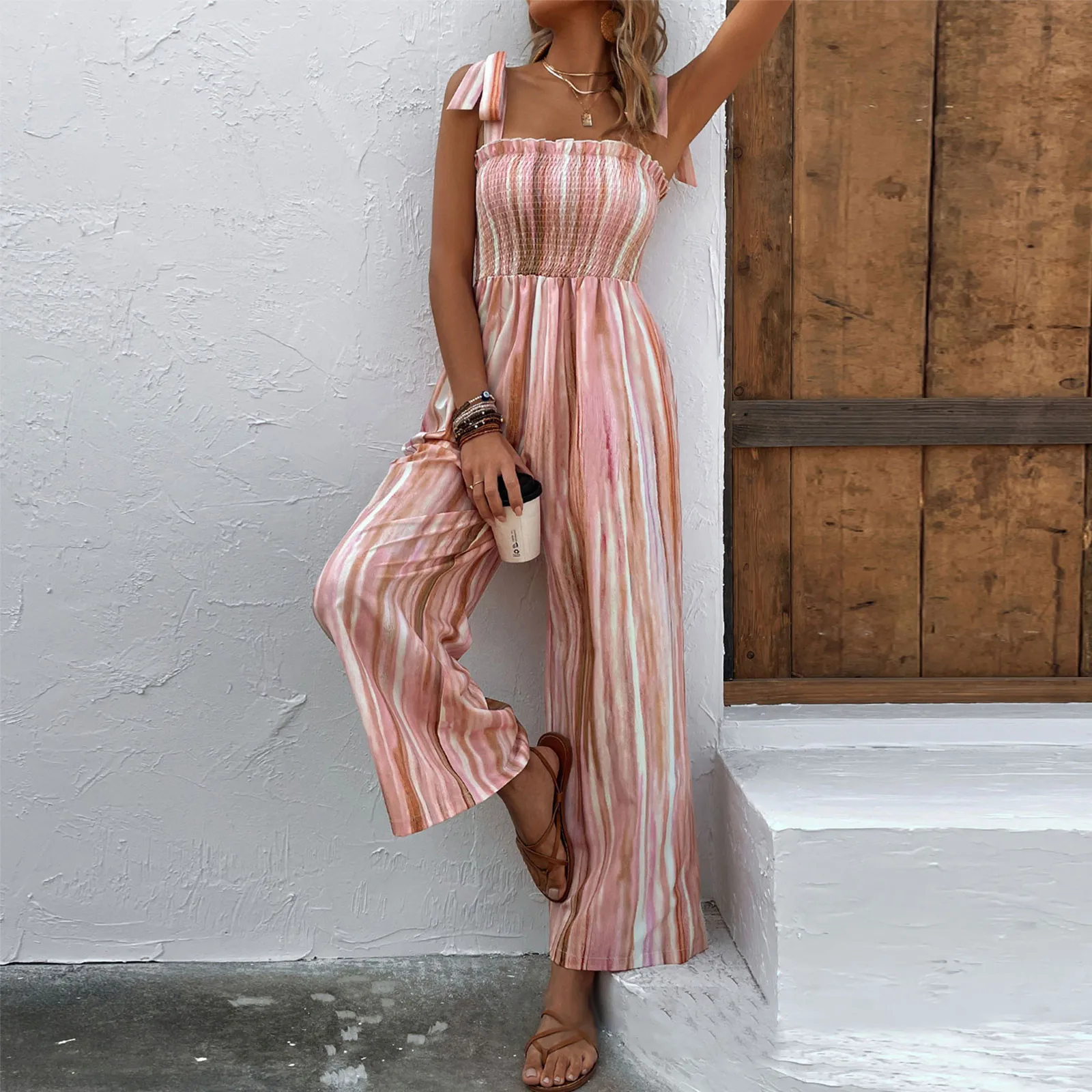 Striped Summer Rompers For Women Fashion Long Playsuit 2024 Casual High Quality Overalls Women Clothing Wide Leg Playsuits