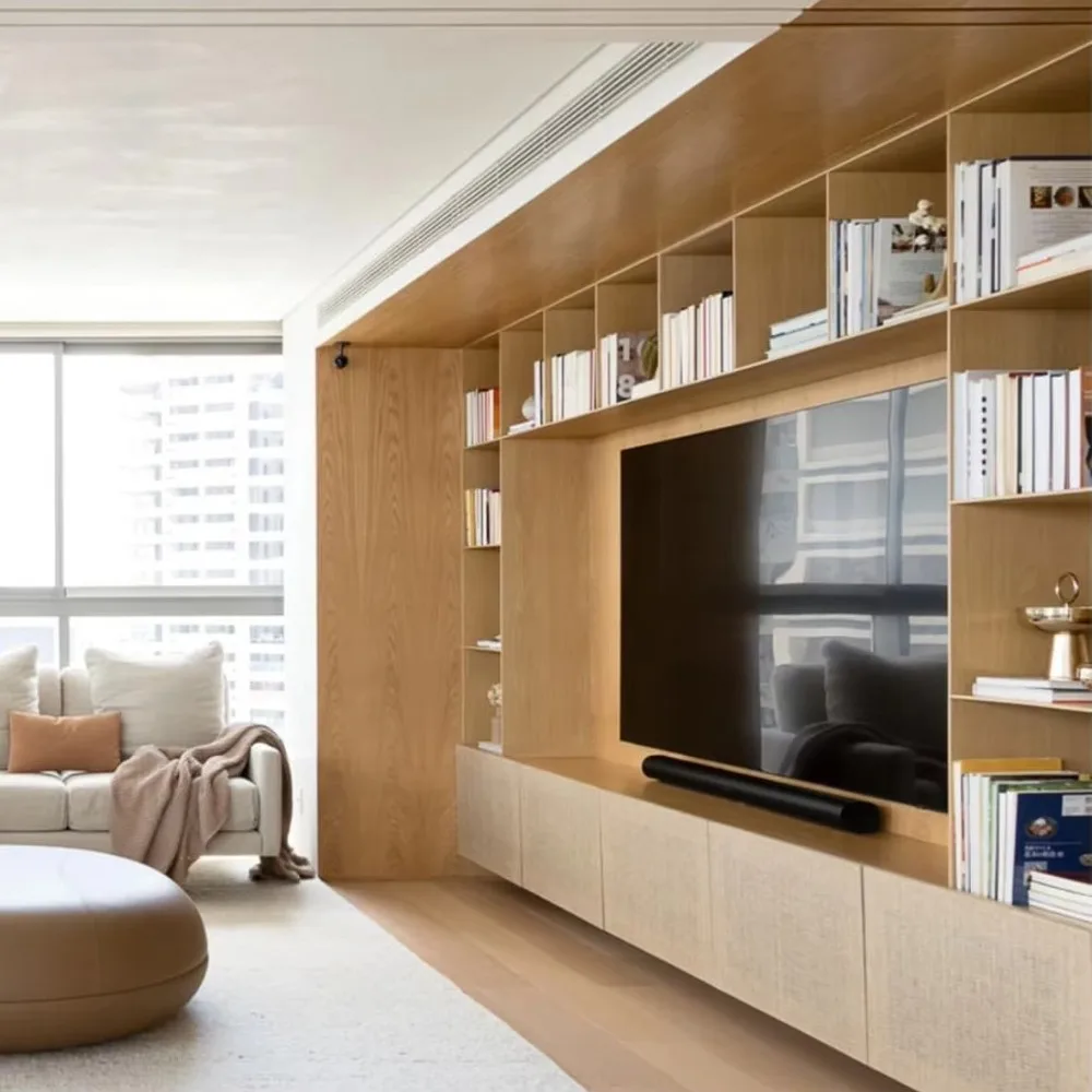 Alland Home Scandinavian Oak Wall Floating Luxury Modern Eco-Friendly Custom Built-in Entertainment Center TV Bedroom Entry