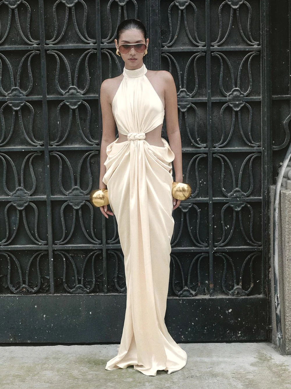 

Twisted Hollow Hanging Hollow Long Skirt Winter New Women's High Neck Sleeveless Waist Exposed Niche Dress